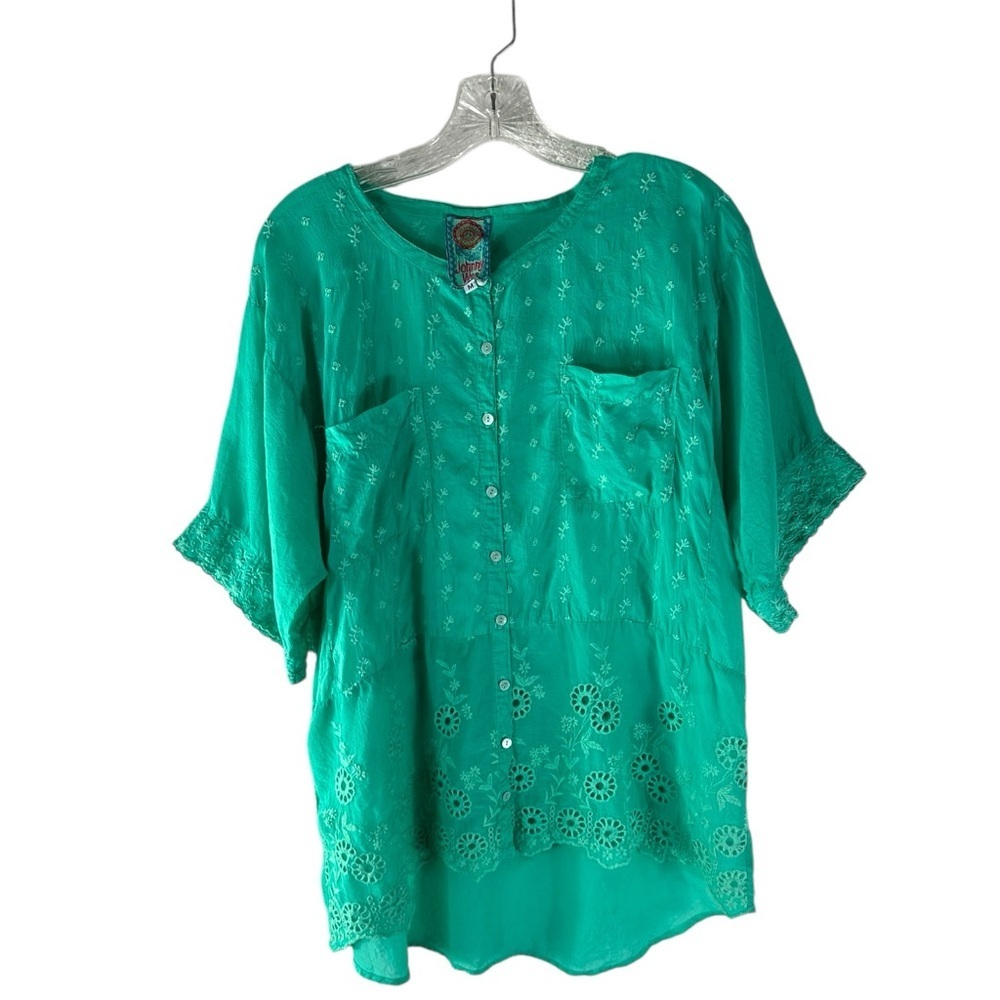 Johnny Was Green Embroidered Button-Front Blouse